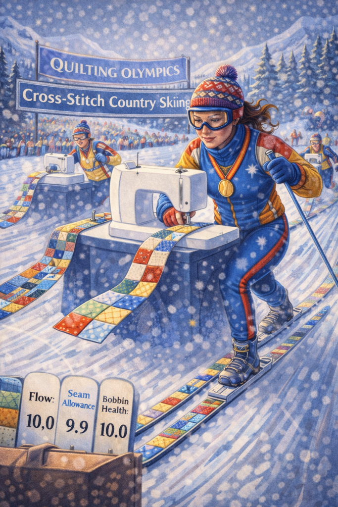 An illustration of the Quilting Olympics featuring Cross-Stitch Country Skiing. A female skier with a medal is using a sewing machine on skis, while snow falls around her. She is focused on sewing a colorful quilt as other competitors ski behind her. Scoring signs for Flow, Seam Allowance, and Bobbin Health are visible in the foreground.