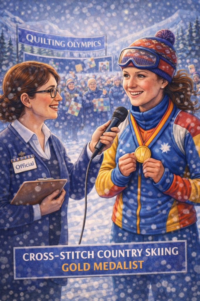 A smiling athlete wearing a medal is being interviewed by an official after winning gold in cross-stitch country skiing at the Quilting Olympics, with a cheering crowd in the background.