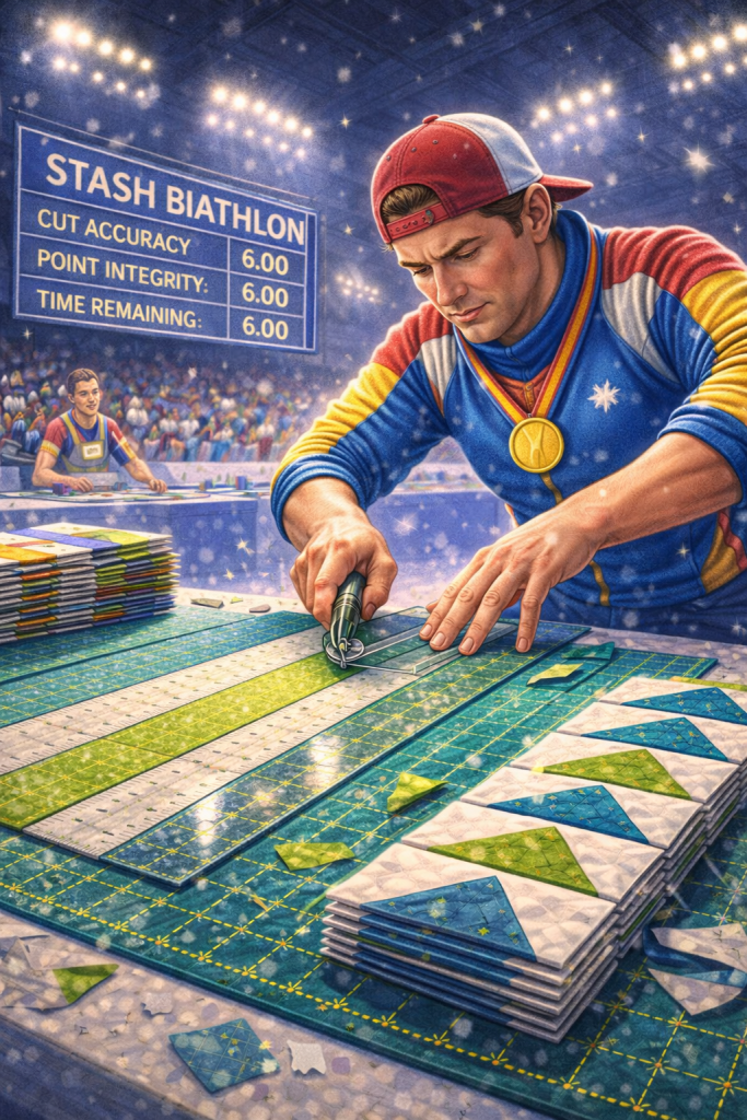 A contestant competing in a craft competition called 'Stash Biathlon', focusing intently on cutting fabric with a rotary cutter. The setting features bright stadium lights and a scoreboard displaying cut accuracy, point integrity, and time remaining, all at a score of 6.00. In the background, another competitor is seen at a table.