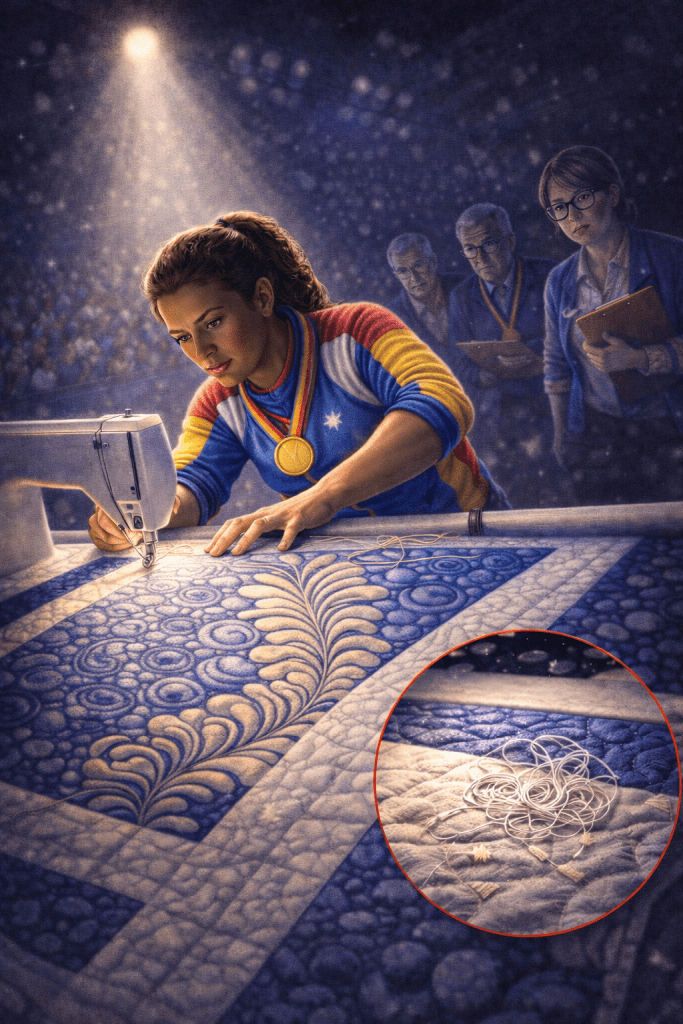 A young woman with a medal sews intricate patterns on a quilt using a sewing machine, while judges observe her work in a competitive setting. An inset shows a close-up of tangled thread on the quilt.