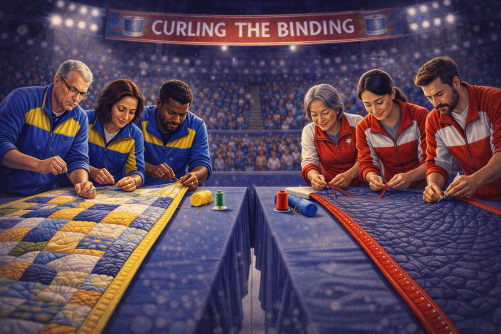 A group of six people working together to bind quilts at a sporting event, with a banner reading 'CURLING THE BINDING' in the background. They are using sewing tools and colorful threads, showcasing teamwork and craftsmanship.