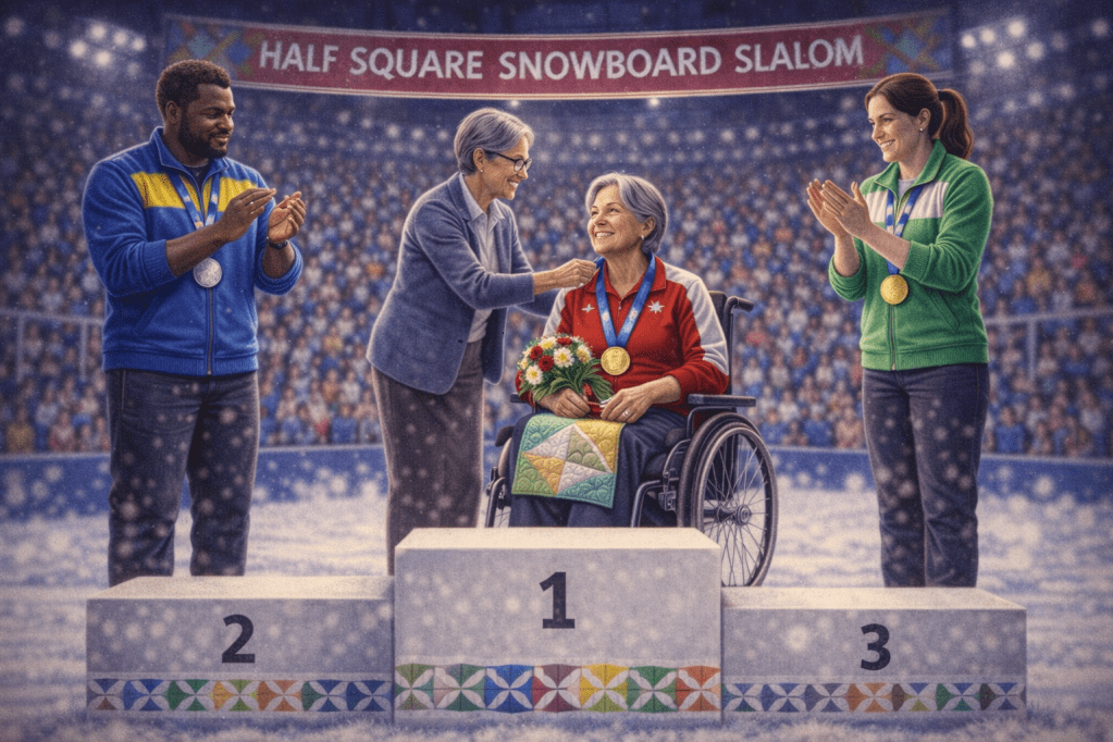 An awards ceremony featuring three competitors on a snowy podium for the Half Square Snowboard Slalom. The first-place winner, an elderly woman in a wheelchair, is receiving a gold medal and flowers, while the second-place man applauds her. The third-place woman, wearing a green jacket, smiles and claps. All are surrounded by a cheering crowd.