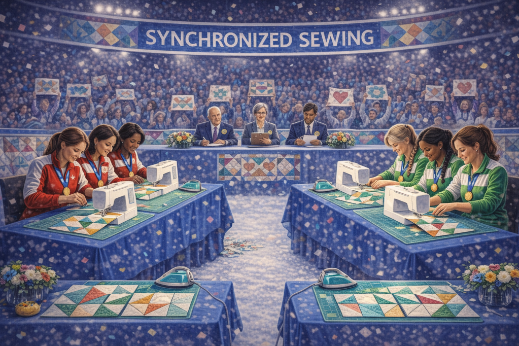 A synchronized sewing competition featuring female contestants working on sewing machines, with a cheering audience holding colorful signs in the background. The scene is set in a decorated arena under a sign that reads 'Synchronized Sewing'.