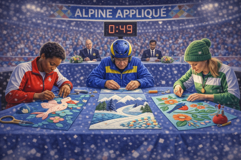 Three competitors crafting intricate quilts at a competition, with a timer counting down in the background and judges observing. The scene captures a snowy atmosphere and showcases the detailed designs each artist is working on.