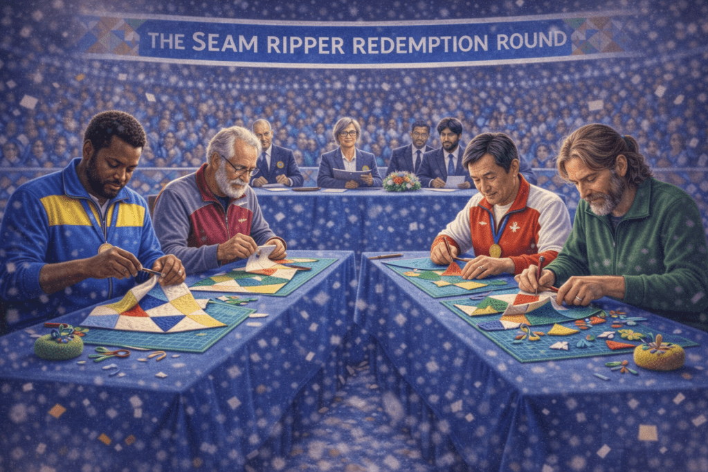 A colorful quilting competition scene featuring four male contestants focused on their crafting at tables, while a panel of judges observes them in a vibrant audience. The event is titled 'The Seam Ripper Redemption Round.'