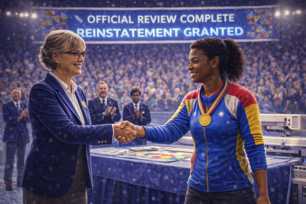 A woman in a blue suit shakes hands with a female athlete wearing a colorful sports jacket and a medal, in front of a cheering crowd and a banner that reads 'OFFICIAL REVIEW COMPLETE REINSTATEMENT GRANTED.'