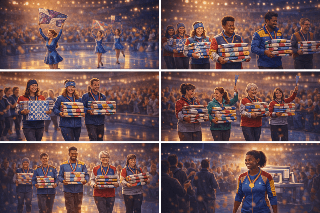 A festive indoor event with participants celebrating, including ice skaters waving flags and teams carrying colorful wrapped items.