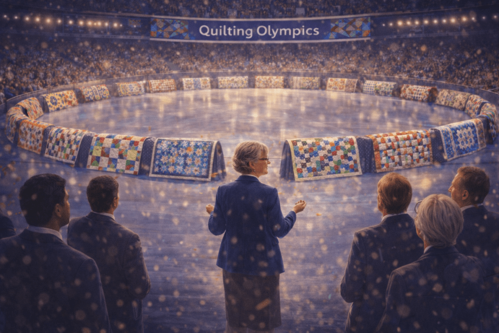 A speaker addresses an audience at the Quilting Olympics, with a circular display of quilts in the background.
