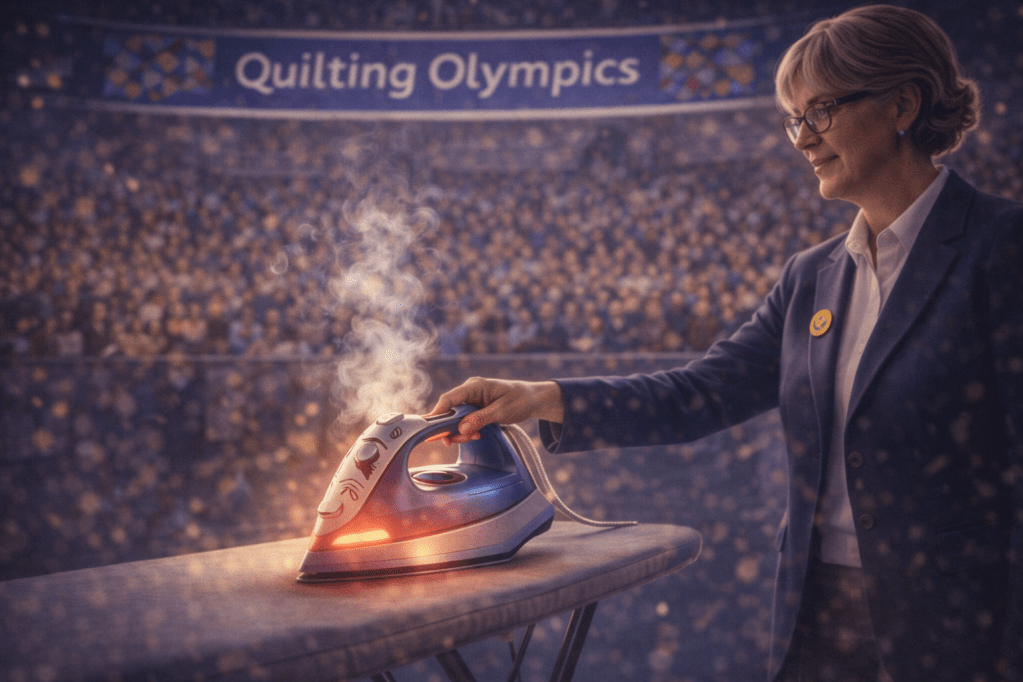 A woman in a suit operates a steaming iron on an ironing board, with a crowd in the background and a sign that reads 'Quilting Olympics'.