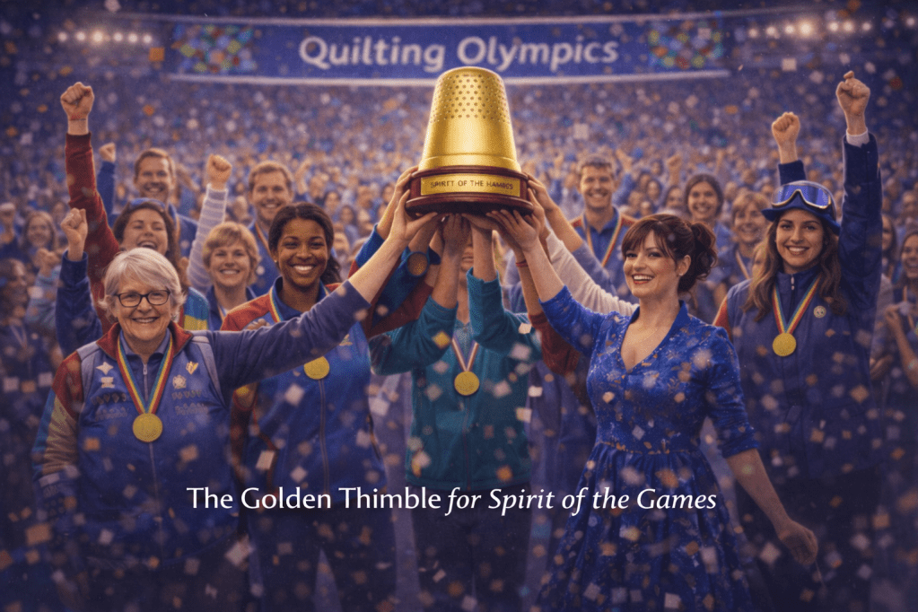 A group of smiling participants holding a trophy shaped like a thimble, celebrating the Quilting Olympics and the Spirit of the Games, with confetti falling around them.