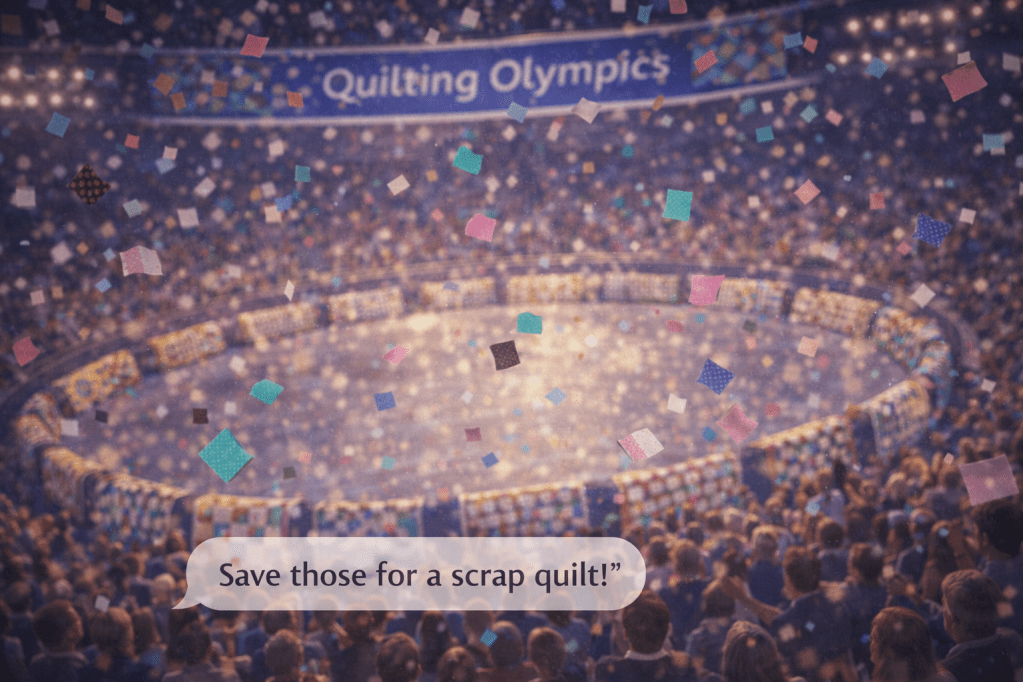 An aerial view of a crowd in an arena celebrating the Quilting Olympics, with colorful confetti falling and a speech bubble saying 'Save those for a scrap quilt!'
