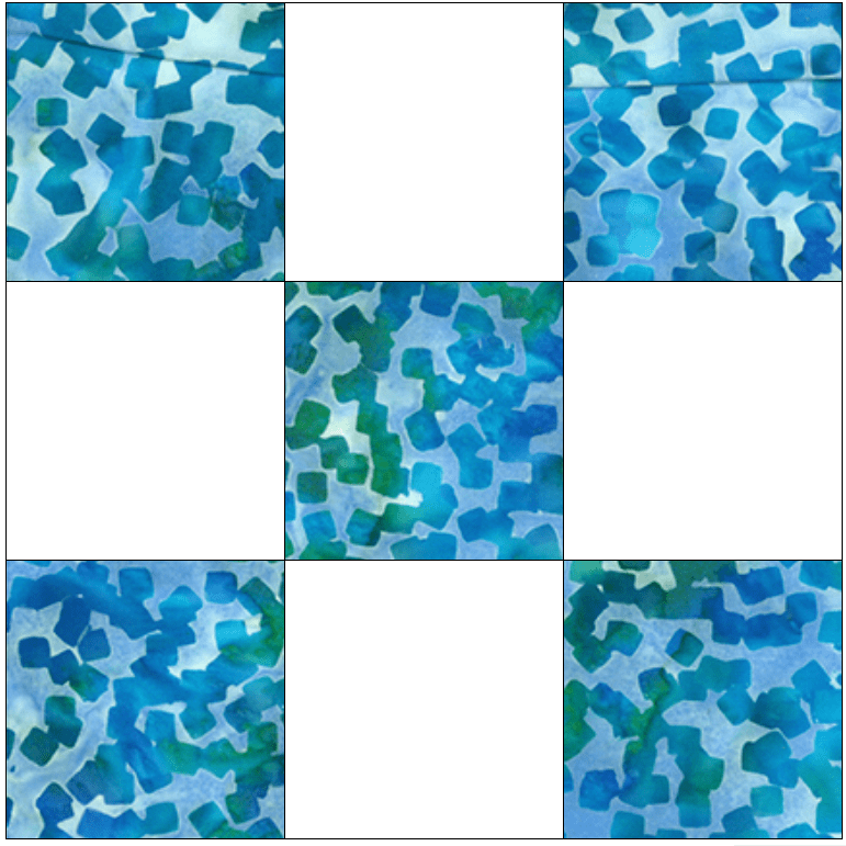 A mosaic of blue and green abstract shapes arranged in a grid pattern, with some squares remaining blank.