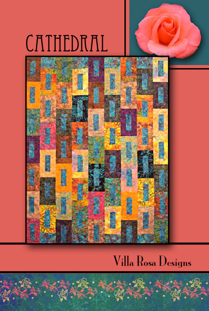 Colorful quilt design titled 'Cathedral' by Villa Rosa Designs featuring a vibrant pattern of rectangles and squares.