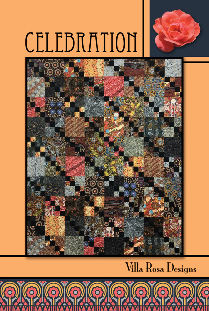 A colorful quilt design titled 'Celebration' by Villa Rosa Designs, featuring a patchwork of various patterns in bold colors and shapes, set against an orange background with a decorative border and a pink rose graphic.