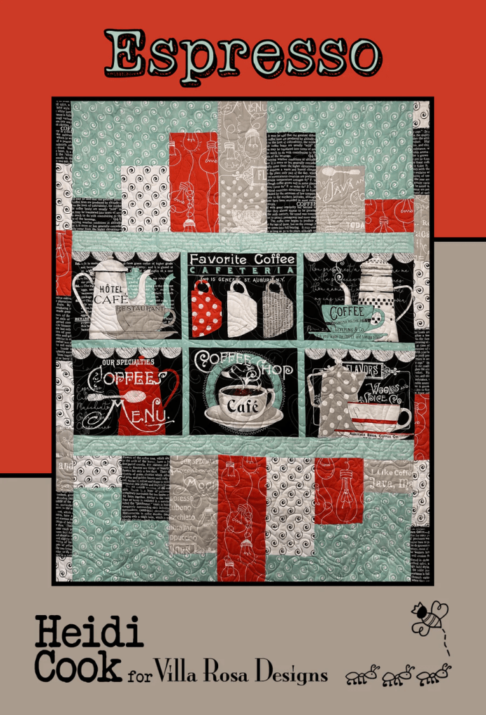A patchwork quilt design titled 'Espresso' featuring various coffee-related graphics and text, in a colorful arrangement, with a red, cream, and green color scheme.