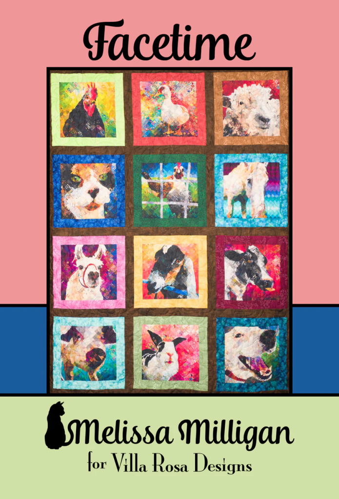 A colorful quilt featuring twelve animal portraits, including dogs, cats, chickens, and cows, designed by Melissa Milligan for Villa Rosa Designs. The quilt is framed with solid colored borders in pink, blue, and green.
