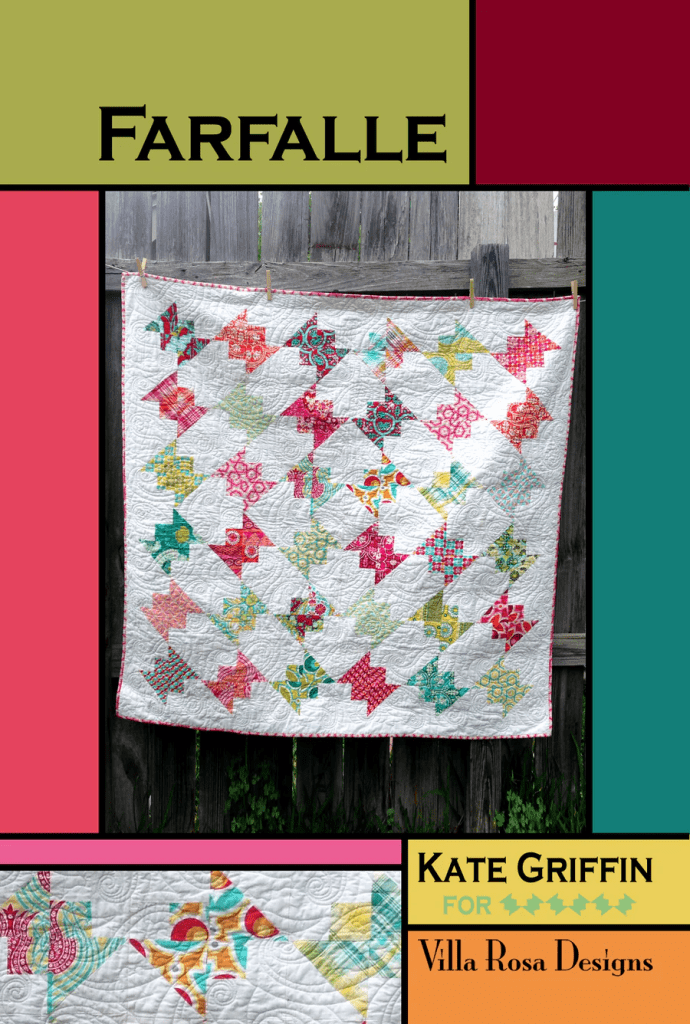 A colorful quilt titled 'Farfalle' designed by Kate Griffin for Villa Rosa Designs, hanging on a wooden fence, showcasing a variety of geometric patterns in vibrant colors.