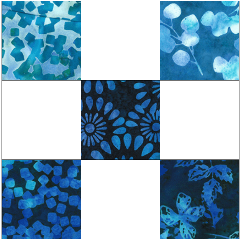 A collage of blue patterned fabric swatches featuring abstract shapes, floral designs, and textures.