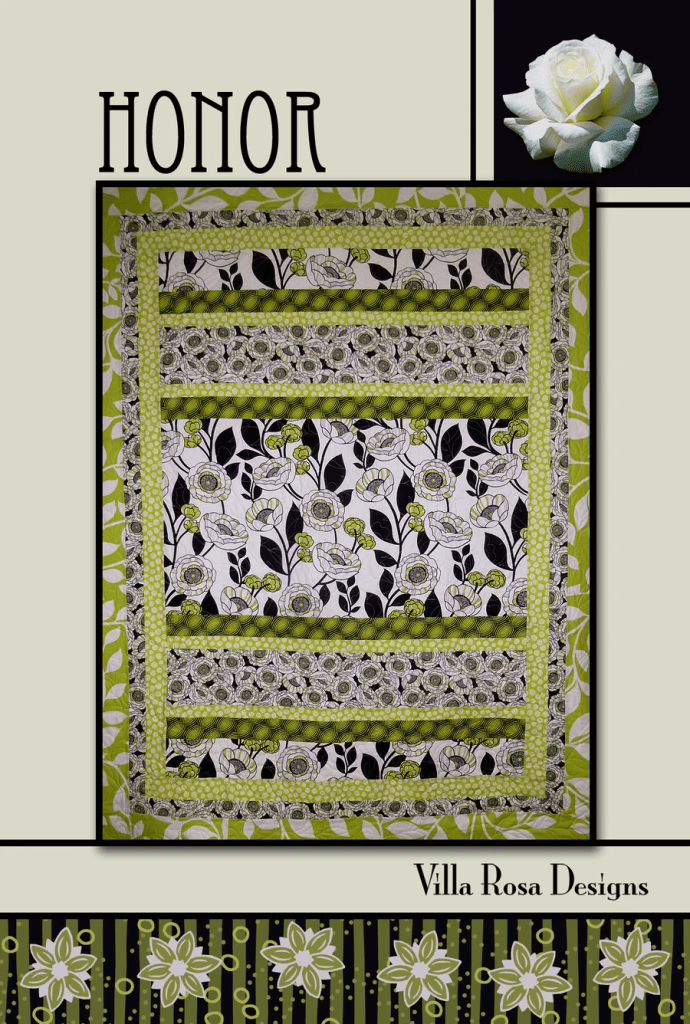 A colorful quilt design titled 'Honor' featuring floral patterns in black, white, and shades of green, with a decorative border. The design is attributed to Villa Rosa Designs.