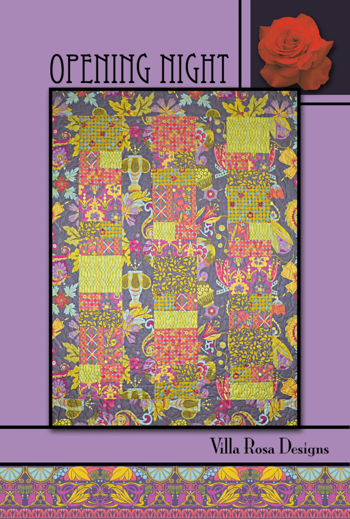A colorful quilt design titled 'Opening Night' by Villa Rosa Designs, featuring vibrant patterns in yellow, pink, and green against a dark background.