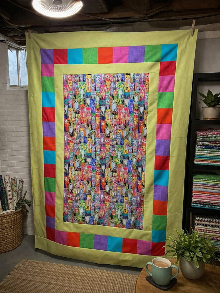 A colorful quilt hanging on a wall, featuring a bright green border with multiple colored squares. The center displays a vibrant pattern with various colorful designs, surrounded by a cozy room setup including a shelf with fabric and a cup on a table.