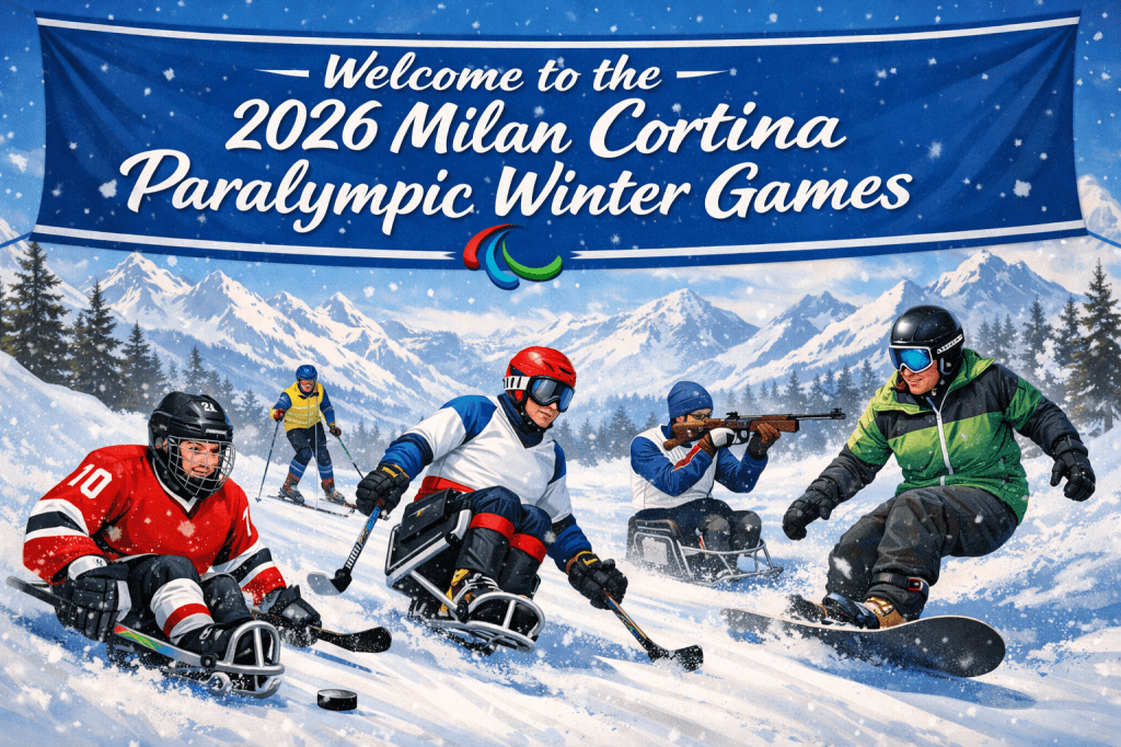 A vibrant illustration welcoming viewers to the 2026 Milan Cortina Paralympic Winter Games, featuring athletes in adaptive winter sports like sled hockey and snowboarding against a snowy mountain backdrop.