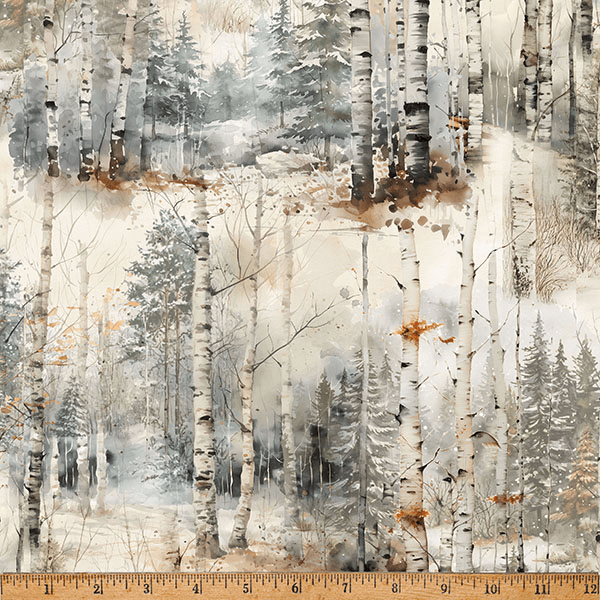 A watercolor pattern featuring birch trees and evergreen foliage in muted tones of gray, white, and hints of gold, creating a serene forest scene.