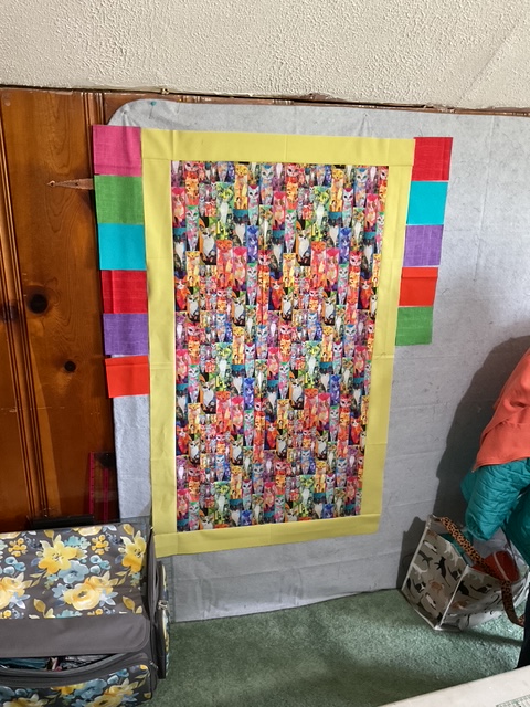 A colorful quilt with a patchwork of vibrant fabric strips surrounding a central collage of various patterns and images.