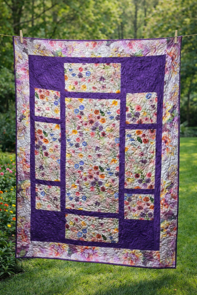 A colorful quilt with floral patterns in various shades, bordered by a purple frame, hung outdoors against a natural background of trees and grass.