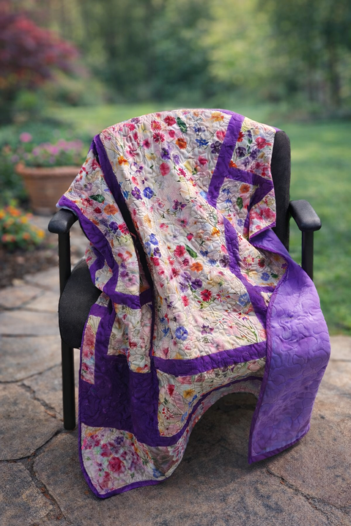 A colorful floral quilt draped over a black chair in a garden setting.