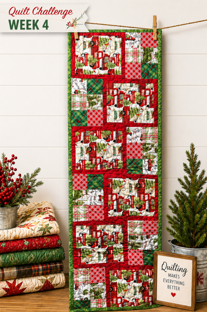 A colorful quilt displayed as part of a quilt challenge, featuring festive patterns in red, green, and white. The quilt is hung on a clothesline against a neutral background, with stacked quilts and decorative elements nearby.