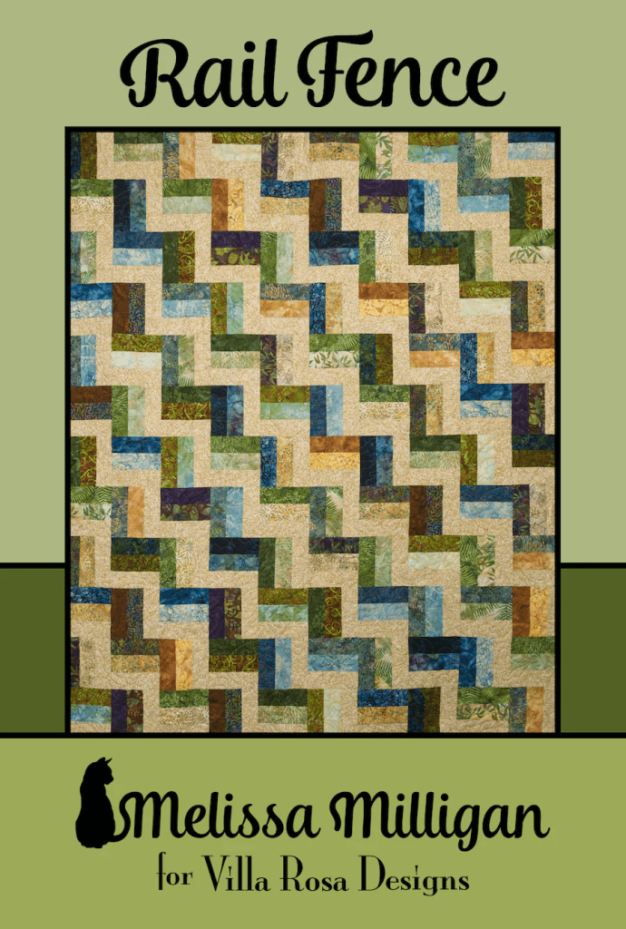 A colorful quilt design featuring a 'Rail Fence' pattern, incorporating various shades of blue, green, brown, and beige fabrics. The quilt is framed with a light green background and includes the designer's name, Melissa Milligan, and the brand Villa Rosa Designs.