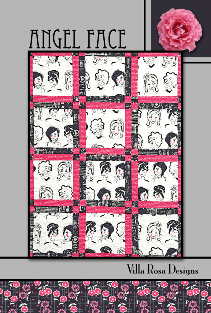 A quilt design featuring a grid of stylized illustrations of women's faces, accented with pink and black fabric. The title 'Angel Face' and 'Villa Rosa Designs' are displayed prominently.