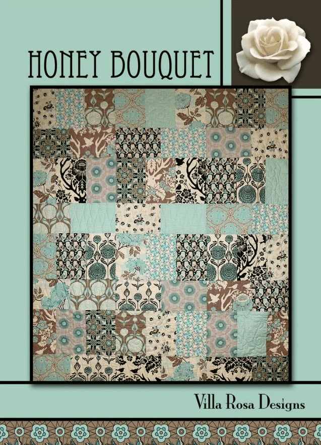 Colorful quilt design titled 'Honey Bouquet' by Villa Rosa Designs featuring various floral and geometric patterned fabric squares.