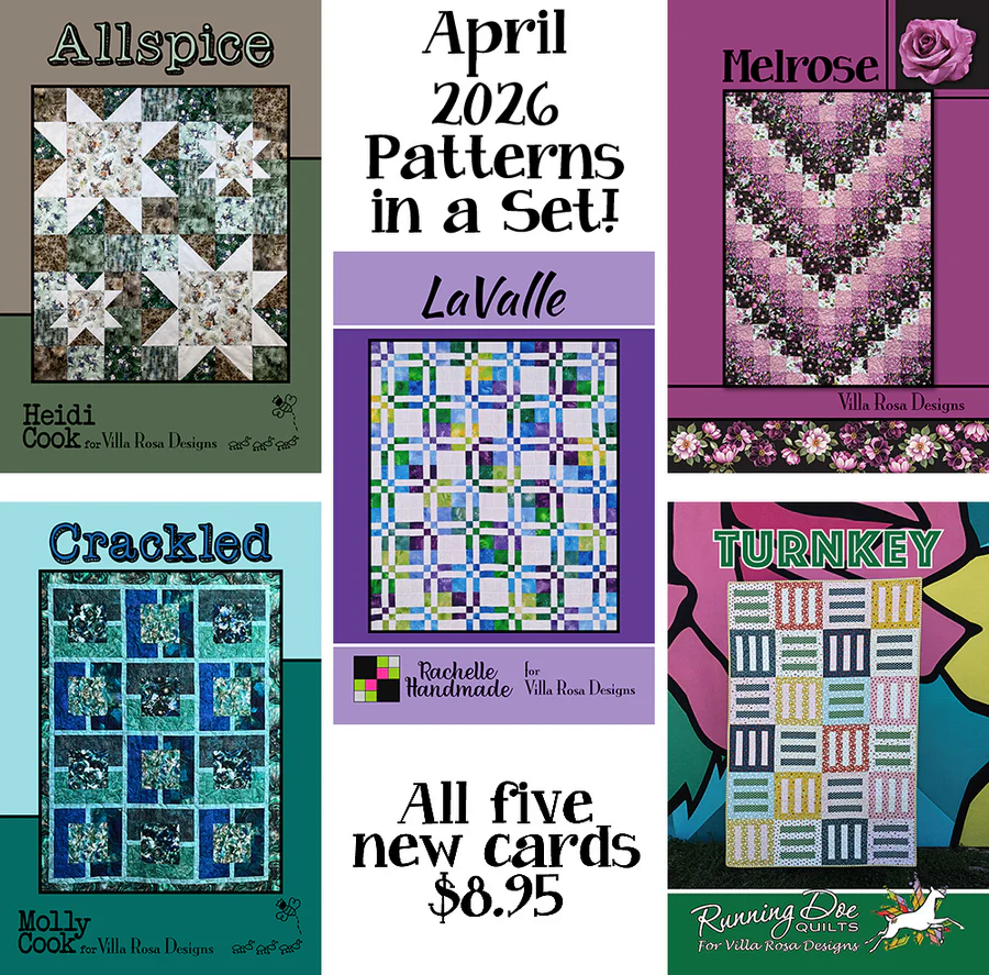 Collage of five quilt pattern cards for April 2026 featuring Allspice, Melrose, LaValle, Crackled, and Turnkey designs, available for $8.95.