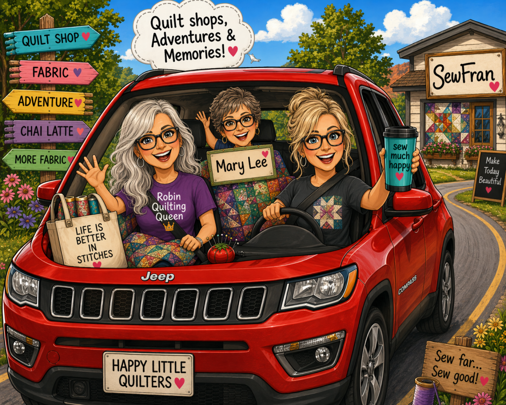 A colorful illustration of three cheerful women sitting in a red Jeep, promoting quilting with signs. The background features a quilt shop with a vibrant outdoor setting and directional signs for various quilting-related activities.