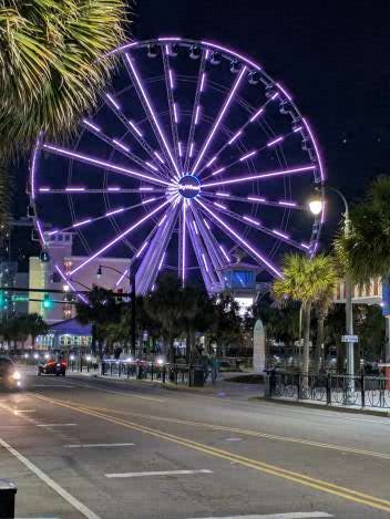 Illuminated Ferris wheel at night with purple lights, surrounded by palm trees and a street view.