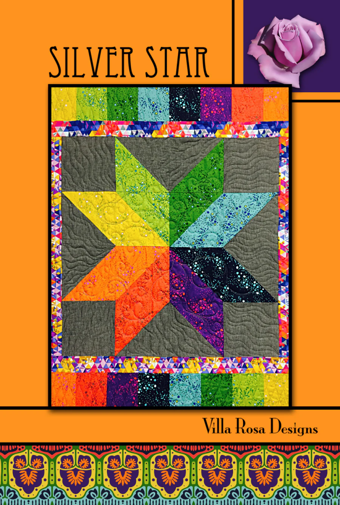 Colorful quilt pattern titled 'Silver Star' by Villa Rosa Designs, featuring a star shape surrounded by a vibrant border and an orange background.