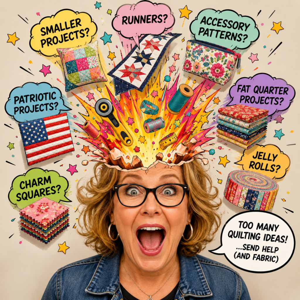 A woman with curly hair and glasses excitedly expressing her enthusiasm for quilting projects, surrounded by colorful speech bubbles featuring various quilting themes like 'smaller projects', 'runners?', 'patriotic projects?', and 'jelly rolls'.