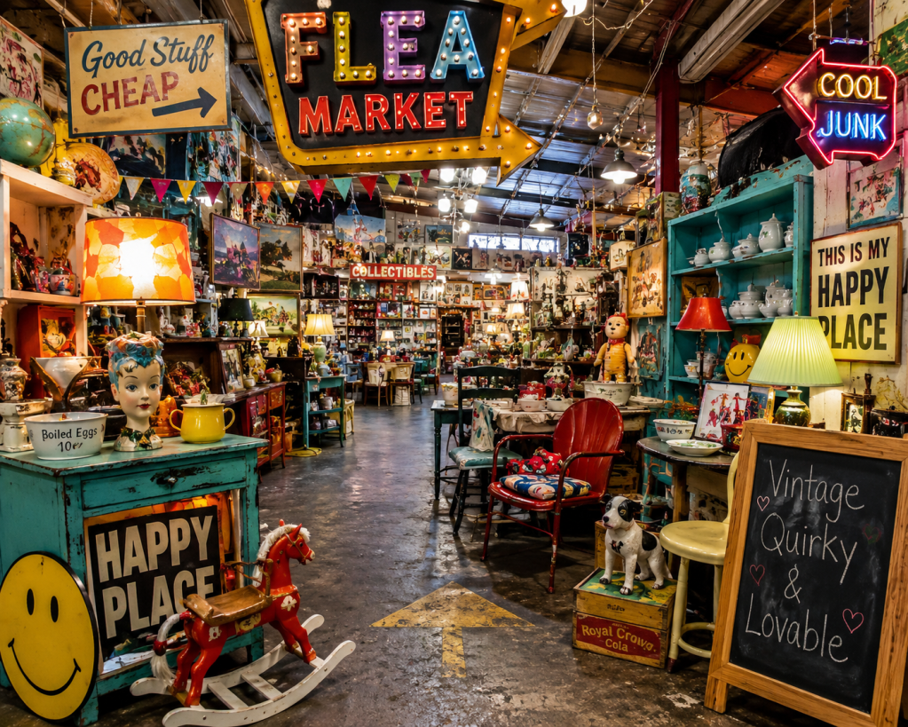 Interior of a vibrant flea market with colorful signs, antique decor, and collectibles. Features items like vintage lamps, a rocking horse, and a cheerful atmosphere.