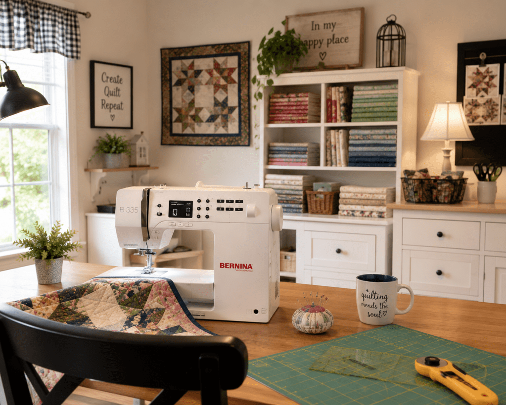 A cozy sewing room featuring a BERNINA B 335 sewing machine, a patchwork quilt on the table, quilting supplies, and decorated shelves with fabric rolls. Natural light floods in through a window.