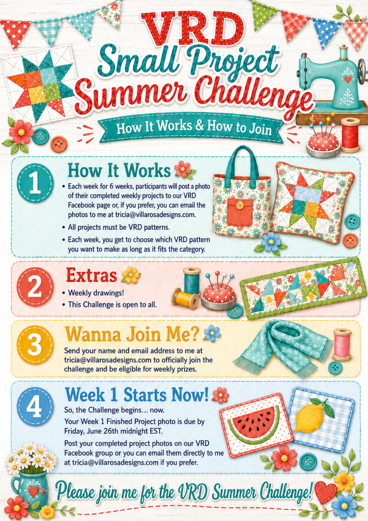 Promotional graphic for the VRD Small Project Summer Challenge, highlighting participation details and deadlines. Features a colorful quilt pattern, a sewing machine, and various crafting materials, with sections detailing how to join, weekly drawings, and submission instructions.
