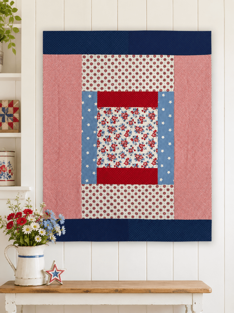 A colorful quilt featuring red, white, and blue fabrics with various patterns, displayed on a white wooden wall. A vase of fresh flowers and a decorative star are placed on a wooden table in front.