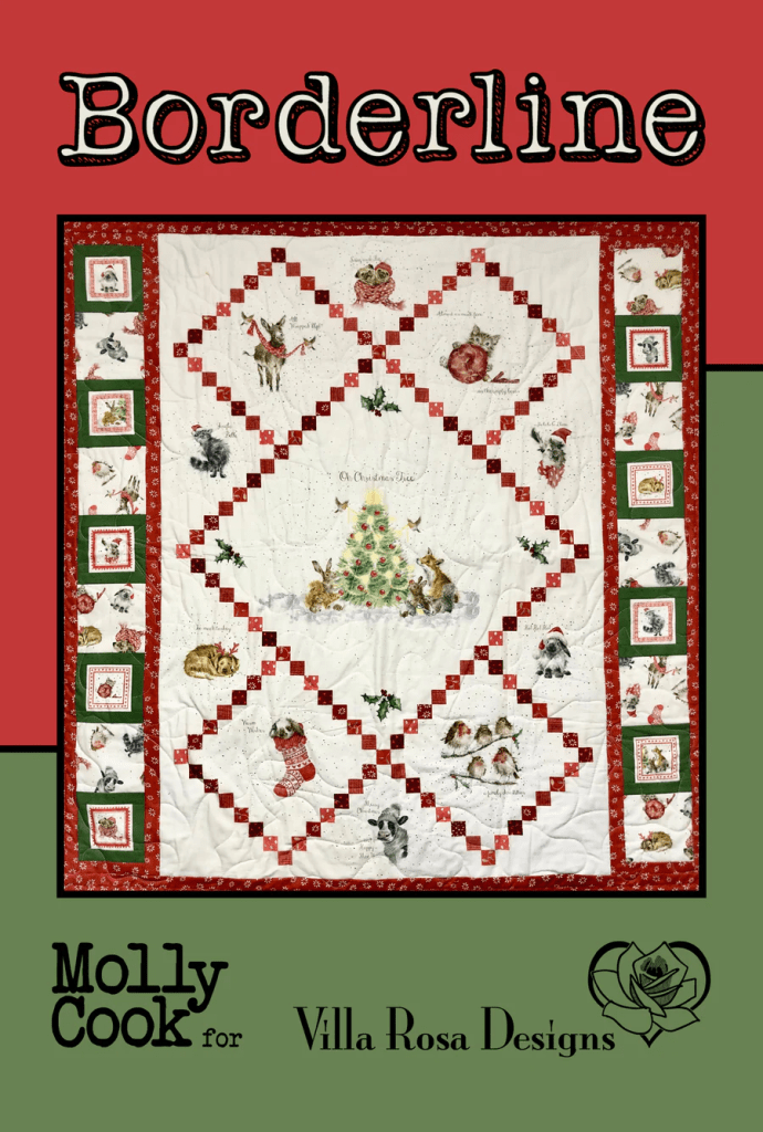 A decorative quilt titled 'Borderline' featuring various festive animals, including a Christmas tree, surrounded by red and green borders, designed by Molly Cook for Villa Rosa Designs.