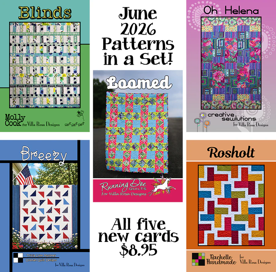 A collage of quilt patterns for June 2026, featuring five designs: Blinds, Loomed, Oh Helena, Breezy, and Rosholt. Each quilt design is displayed with its respective name and designer, promoting all five patterns available for $8.95.