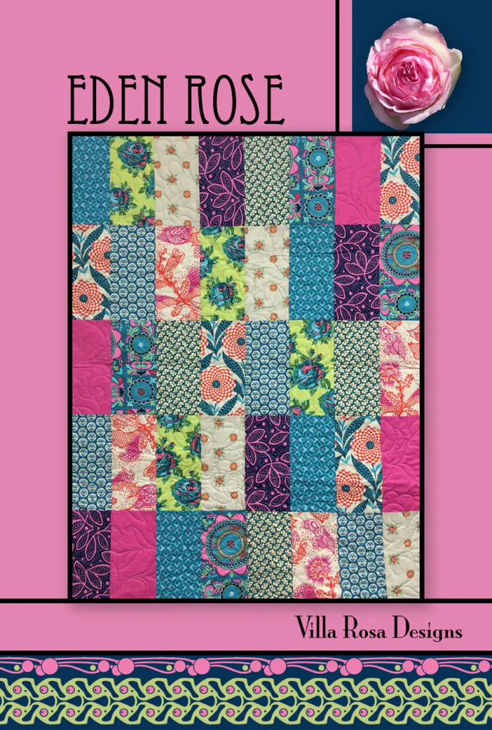 A colorful quilt design featuring a patchwork of various floral and geometric patterns in shades of pink, green, blue, and cream, with the title 'Eden Rose' and the label 'Villa Rosa Designs' displayed prominently.