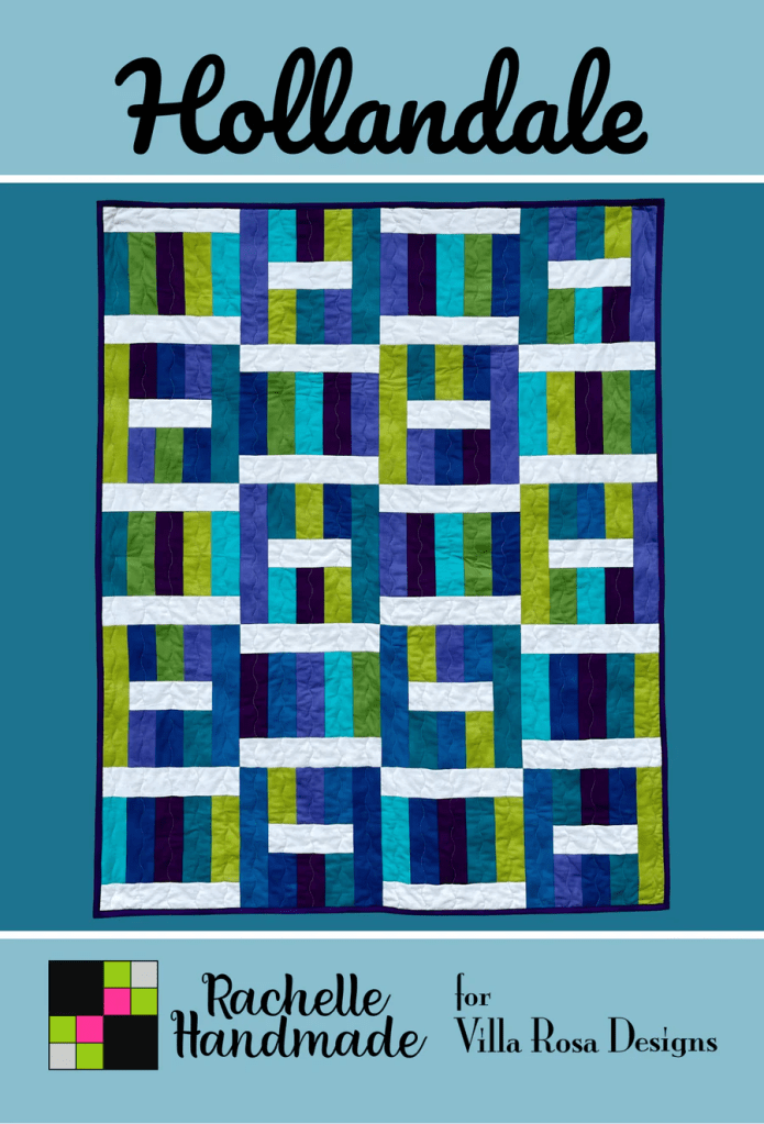 Quilt design titled 'Hollandale' featuring a colorful patchwork pattern in shades of blue, green, and purple, displayed against a teal background.