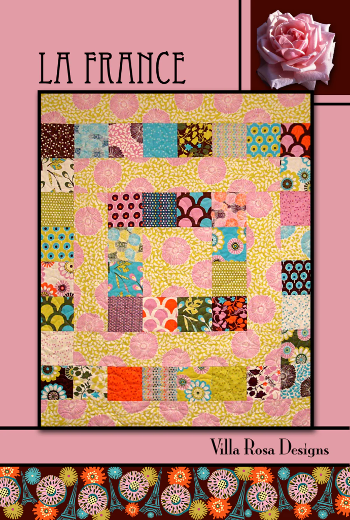 A colorful quilt design featuring various patchwork squares in vibrant patterns, framed by the title 'LA FRANCE' and 'Villa Rosa Designs', with a pink rose in the corner.