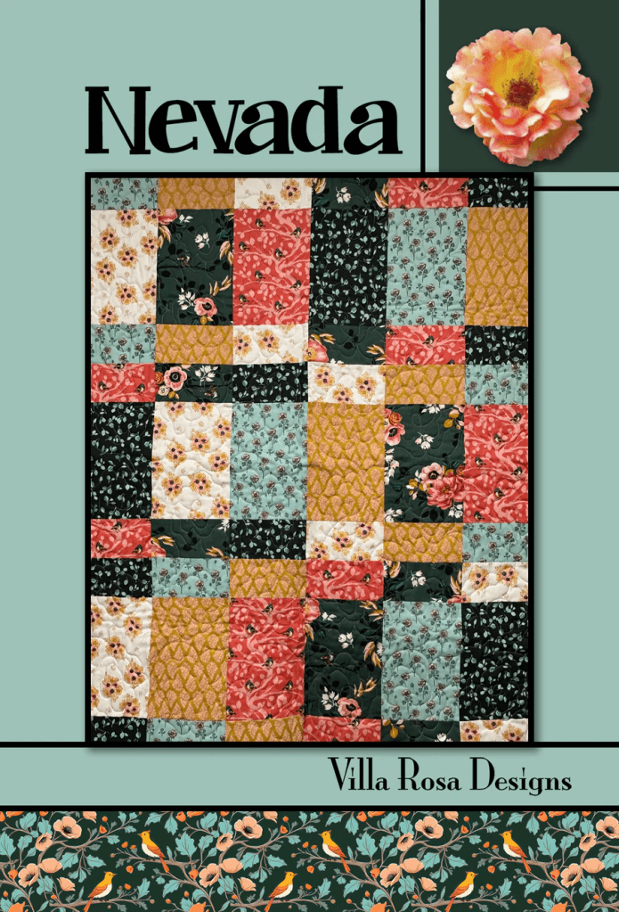 Digital quilt pattern titled 'Nevada' designed by Villa Rosa Designs, featuring a patchwork of floral and geometric fabric squares in various colors against a teal background.