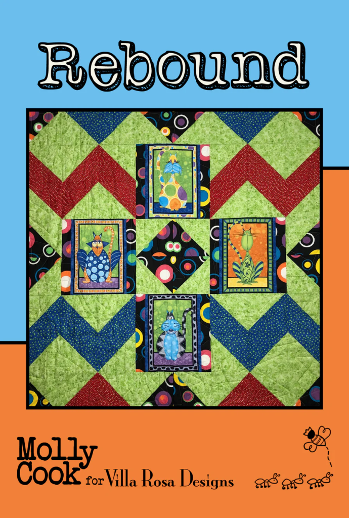 A colorful quilt design titled 'Rebound' by Molly Cook for Villa Rosa Designs, featuring a mix of patterns and vibrant colors.
